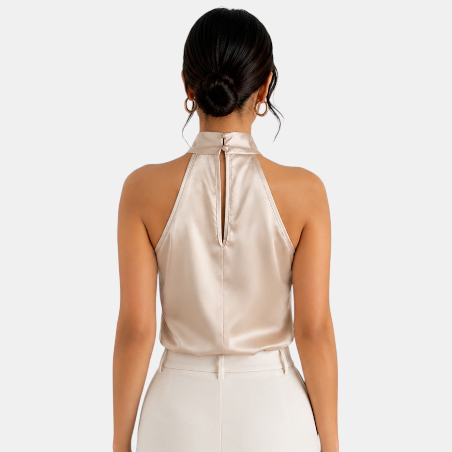 Top sin mangas con cuello halter de satén para mujer-Blouses for women-Casaluzia