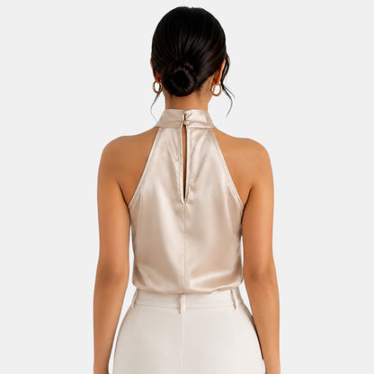 Top sin mangas con cuello halter de satén para mujer-Blouses for women-Casaluzia