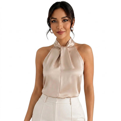 Top sin mangas con cuello halter de satén para mujer-Blouses for women-Casaluzia