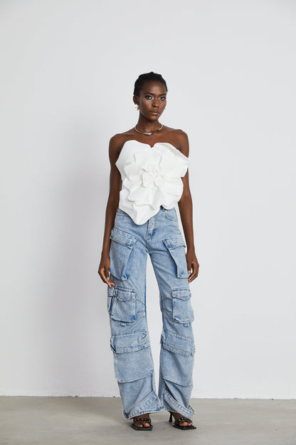 Top sin tirantes con aplique floral para mujer-Tops for women-Casaluzia