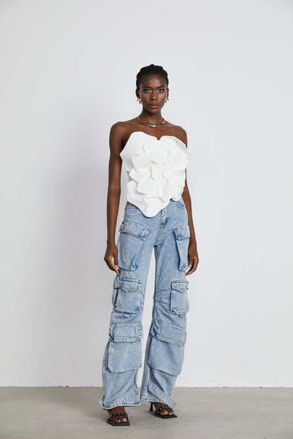Top sin tirantes con aplique floral para mujer-Tops for women-Casaluzia