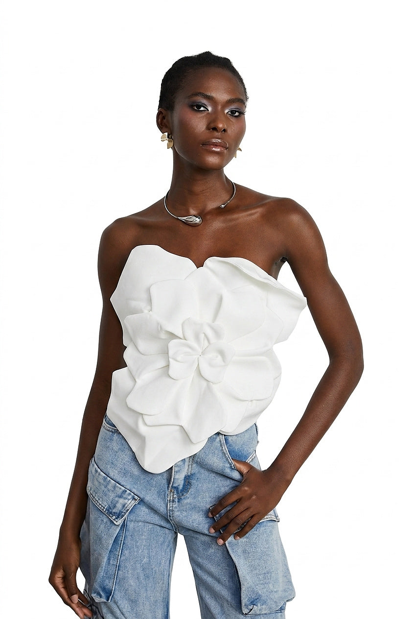 Top sin tirantes con aplique floral para mujer-Tops for women-Casaluzia