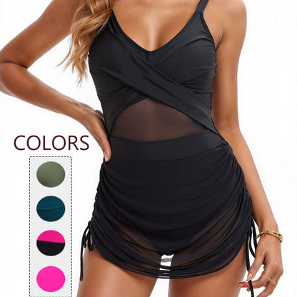 Traje de baño de una pieza con frente cruzado y malla para mujer-Swimwear for women-Casaluzia