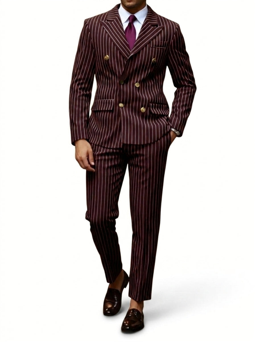 Traje de hombre con rayas diplomáticas y solapas de pico con botones metálicos-Sets for Men-Casaluzia