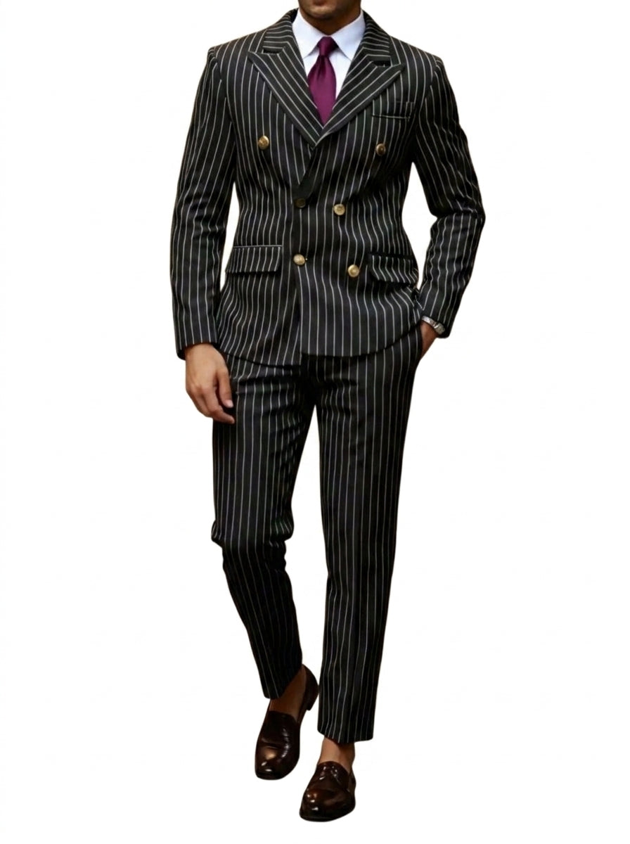 Traje de hombre con rayas diplomáticas y solapas de pico con botones metálicos-Sets for Men-Casaluzia