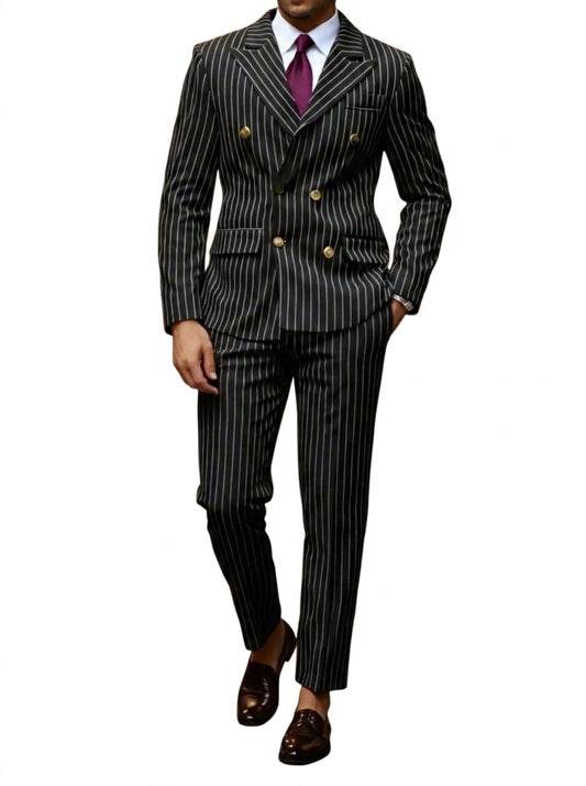 Traje de hombre con rayas diplomáticas y solapas de pico con botones metálicos-Sets for Men-Casaluzia