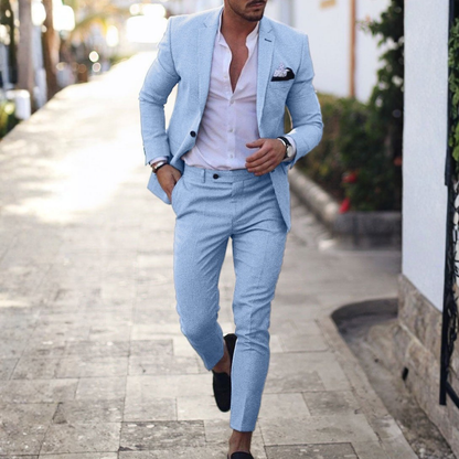 Traje de lino de dos piezas para hombre con solapa clásica-Sets for Men-Casaluzia
