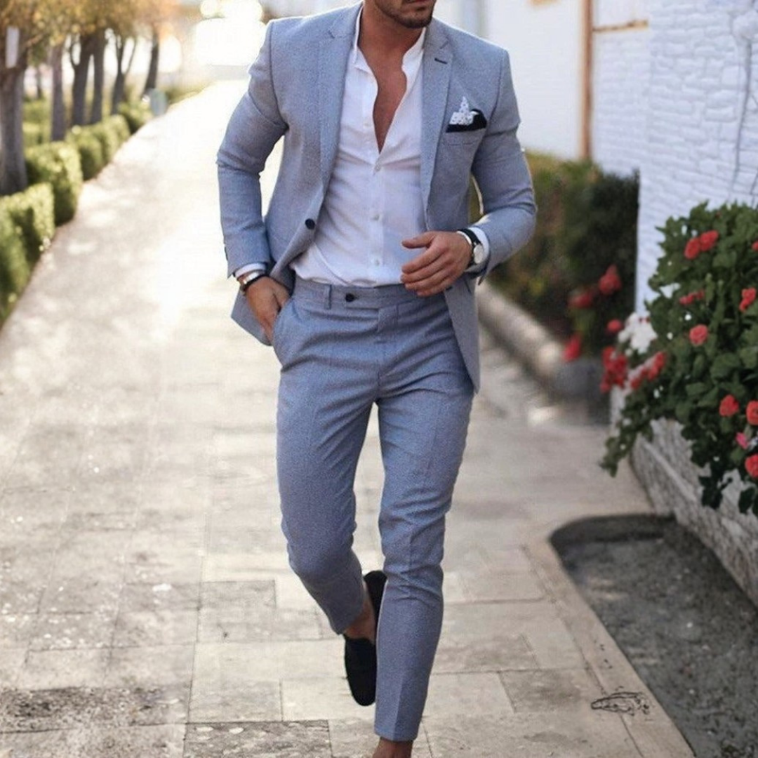 Traje de lino de dos piezas para hombre con solapa clásica-Sets for Men-Casaluzia