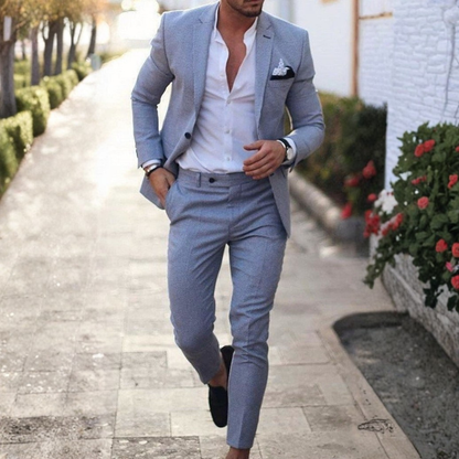 Traje de lino de dos piezas para hombre con solapa clásica-Sets for Men-Casaluzia