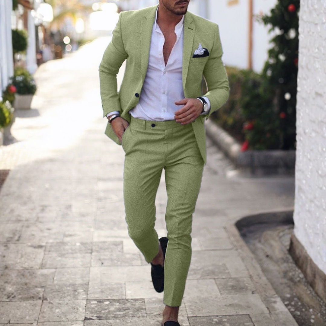 Traje de lino de dos piezas para hombre con solapa clásica-Sets for Men-Casaluzia