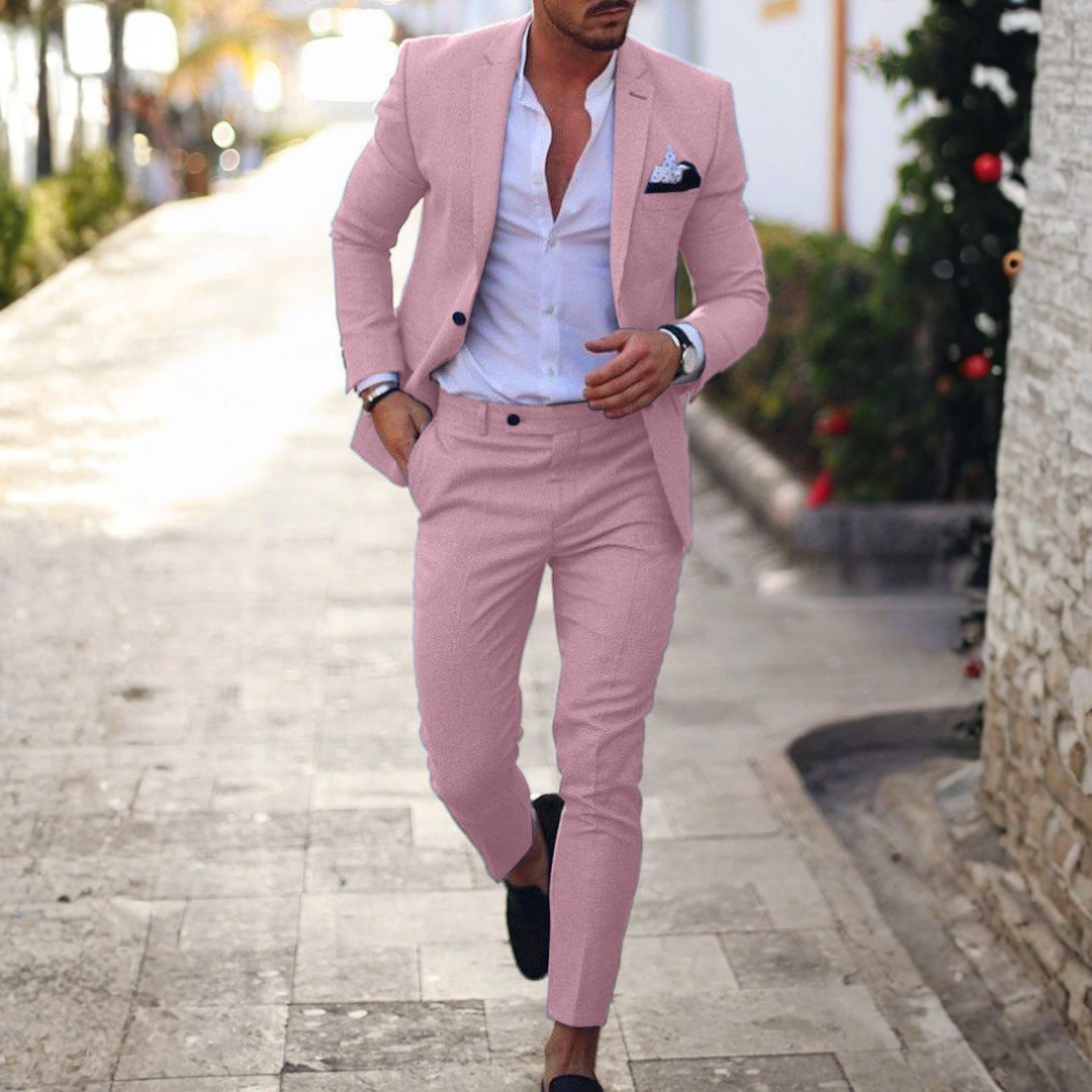 Traje de lino de dos piezas para hombre con solapa clásica-Sets for Men-Casaluzia