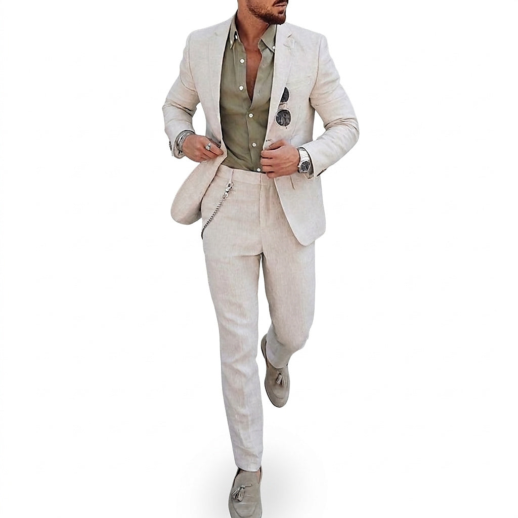 Traje de lino de dos piezas para hombre con solapa clásica-Sets for Men-Casaluzia