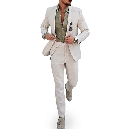Traje de lino de dos piezas para hombre con solapa clásica-Sets for Men-Casaluzia