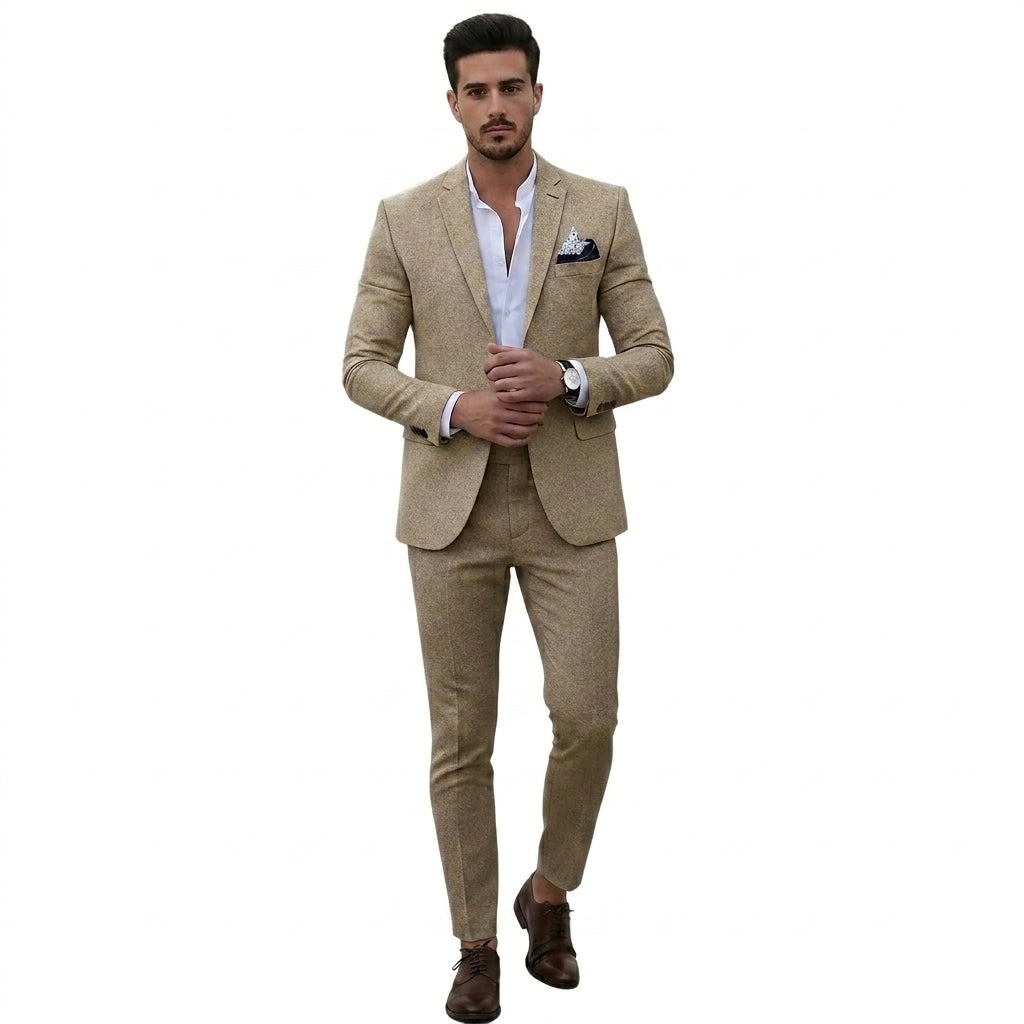 Traje para hombre de dos piezas con chaqueta de solapa de muesca y pantalones de frente liso-Sets for Men-Casaluzia