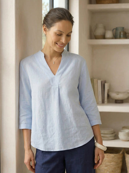 Túnica de lino con cuello en V para mujer-Shirts for women-Casaluzia