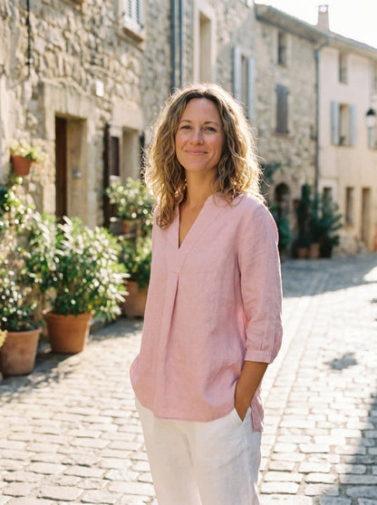 Túnica de lino con cuello en V para mujer-Shirts for women-Casaluzia