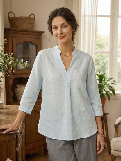 Túnica de lino con cuello en V para mujer-Shirts for women-Casaluzia