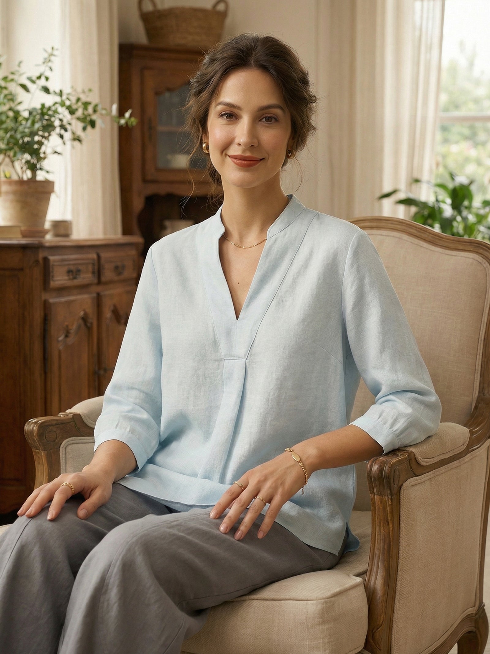 Túnica de lino con cuello en V para mujer-Shirts for women-Casaluzia