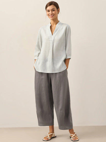 Túnica de lino con cuello en V para mujer-Shirts for women-Casaluzia