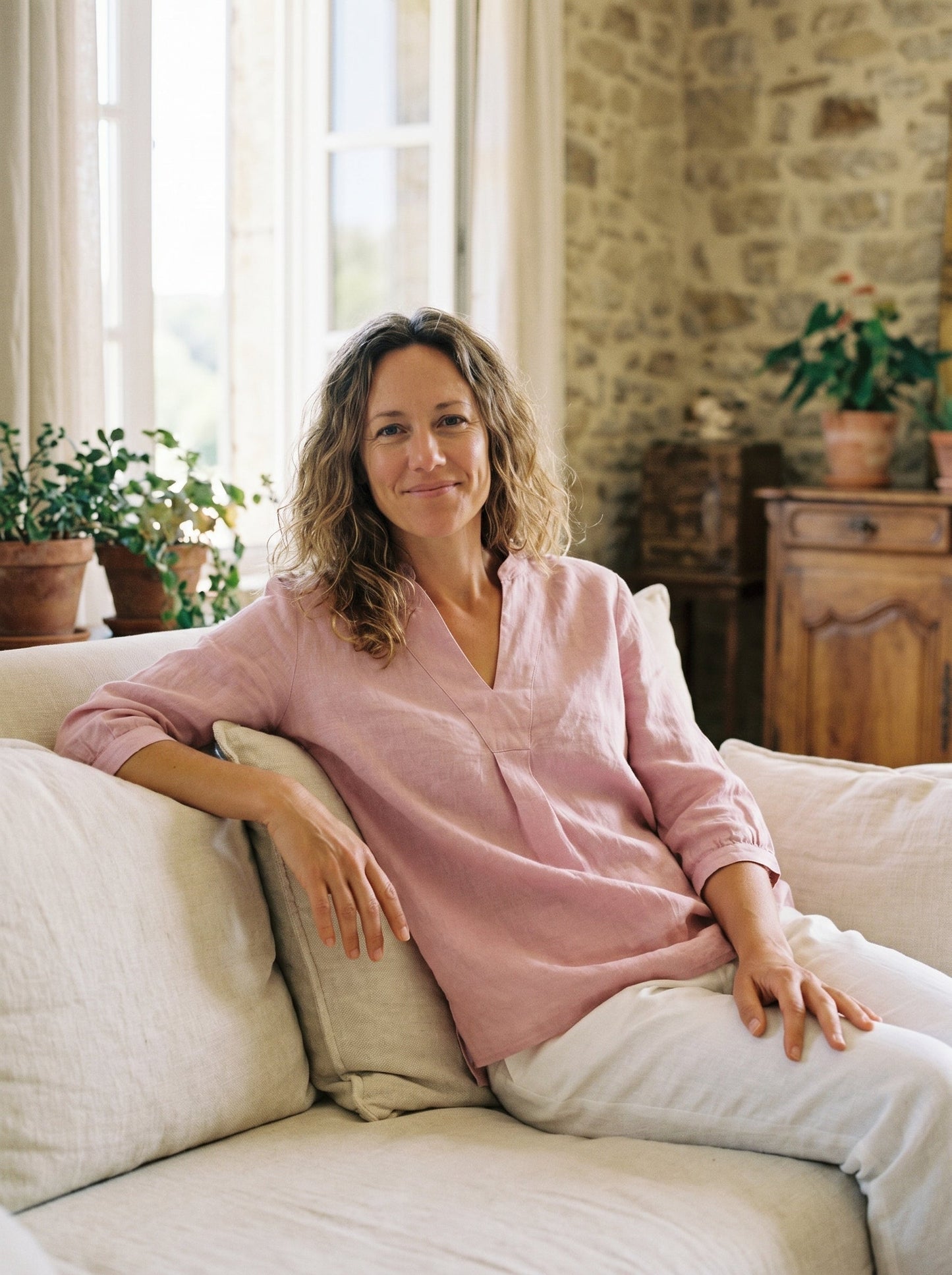 Túnica de lino con cuello en V para mujer-Shirts for women-Casaluzia