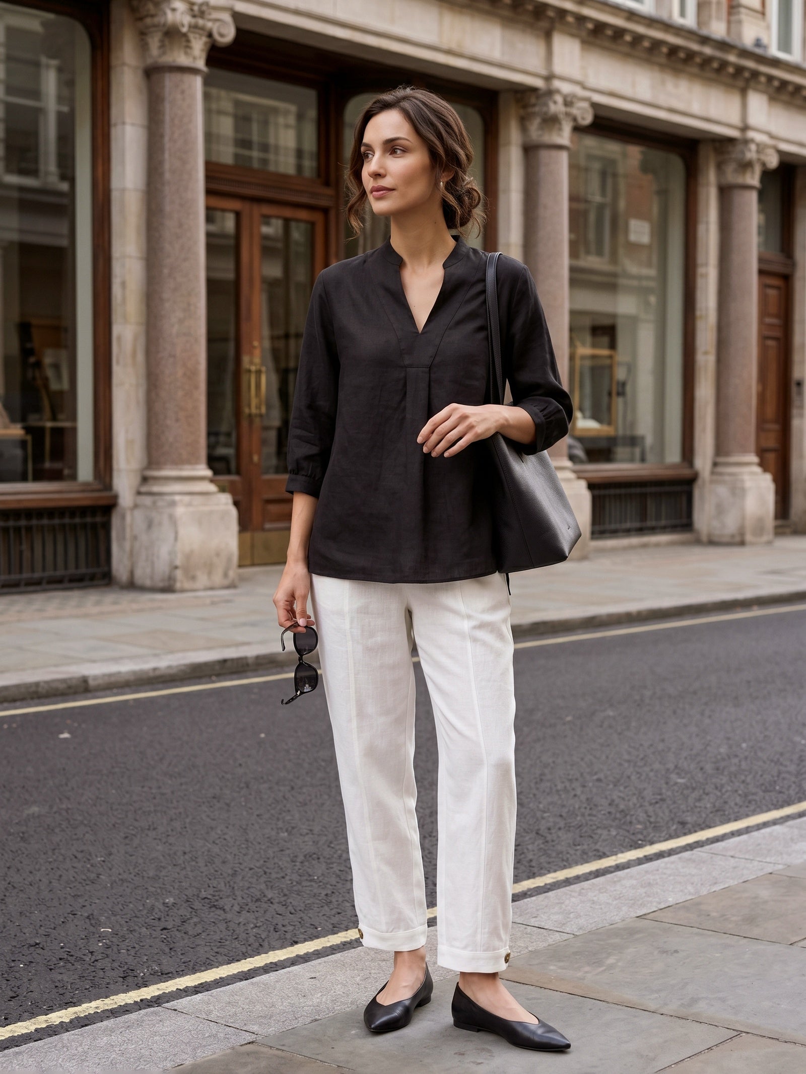 Túnica de lino con cuello en V para mujer-Shirts for women-Casaluzia