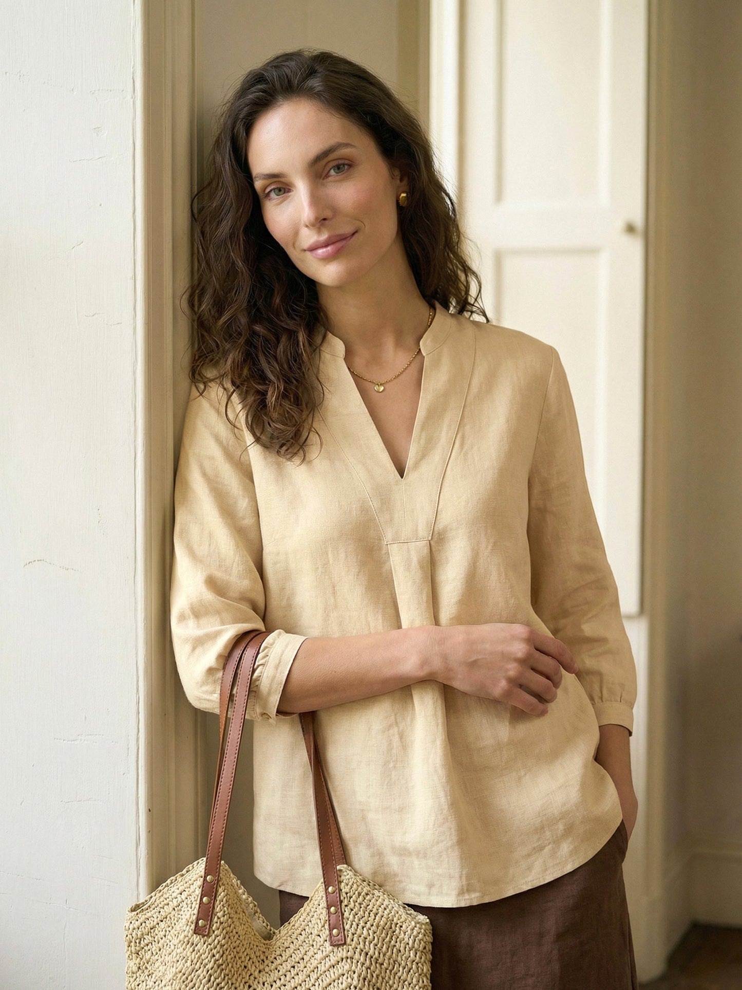 Túnica de lino con cuello en V para mujer-Shirts for women-Casaluzia