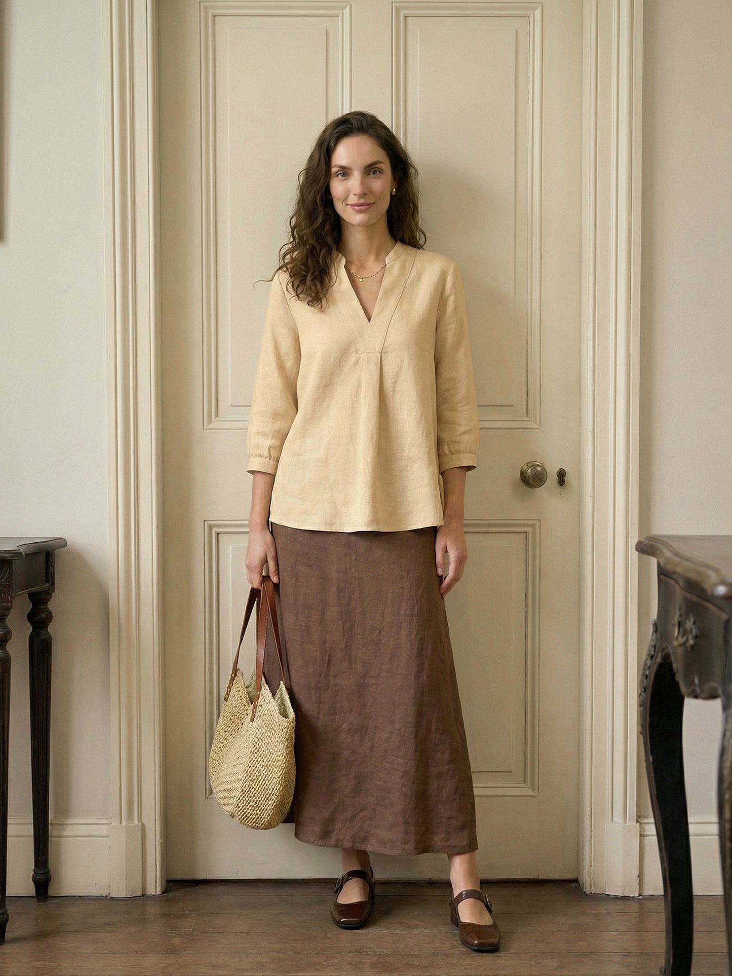 Túnica de lino con cuello en V para mujer-Shirts for women-Casaluzia