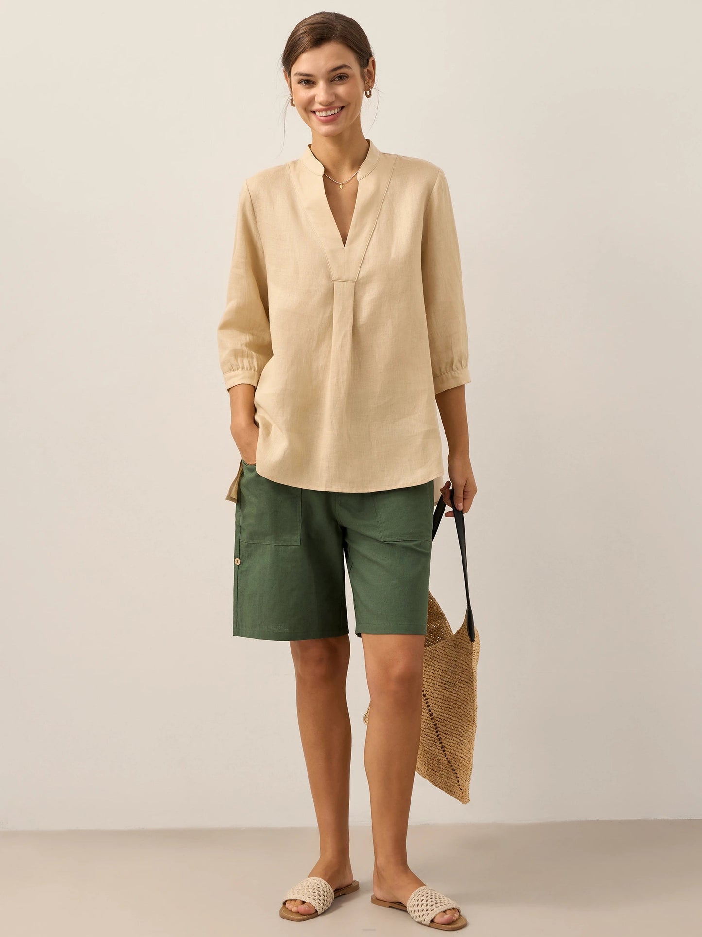 Túnica de lino con cuello en V para mujer-Shirts for women-Casaluzia