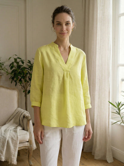 Túnica de lino con cuello en V para mujer-Shirts for women-Casaluzia