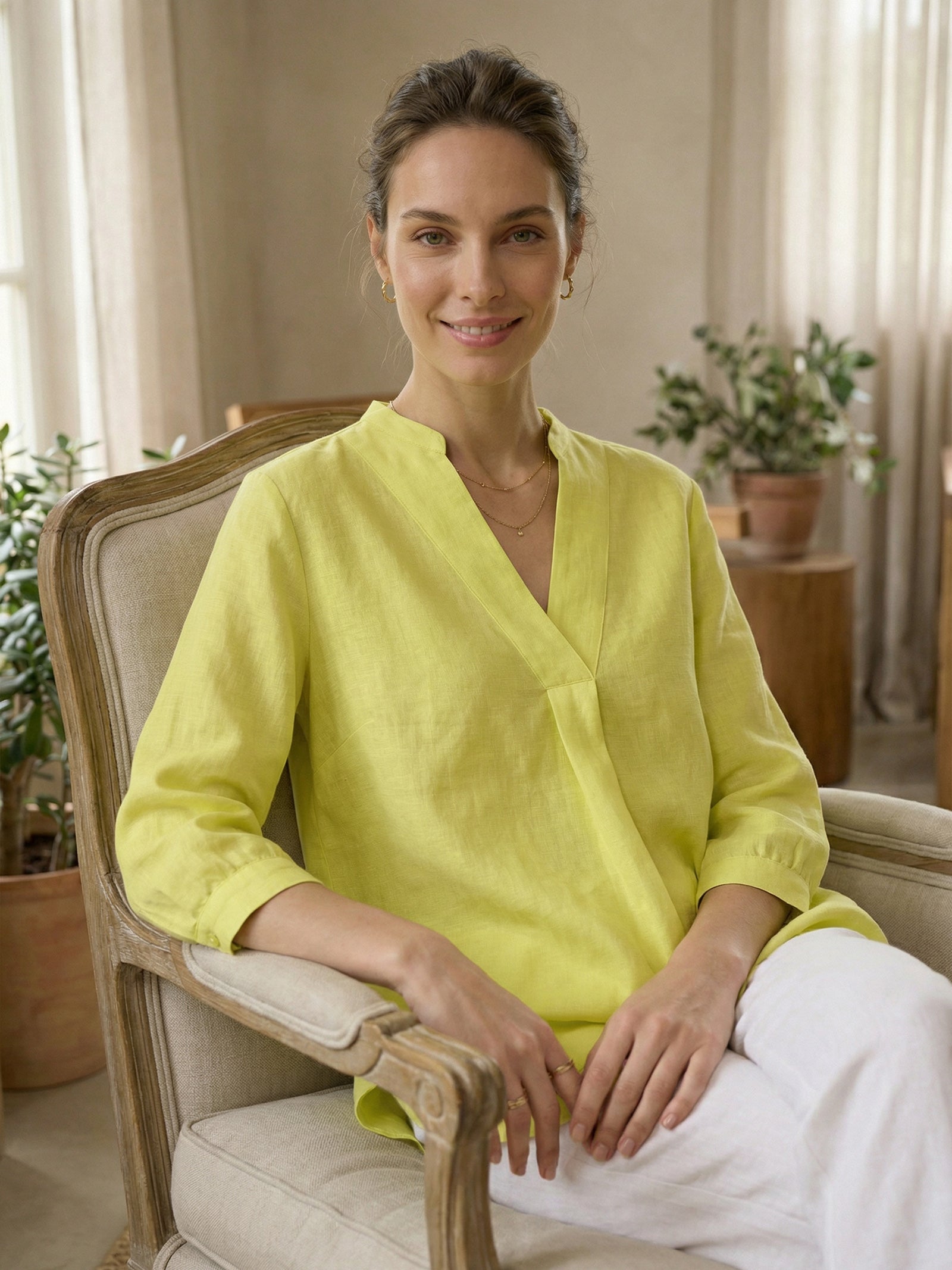 Túnica de lino con cuello en V para mujer-Shirts for women-Casaluzia
