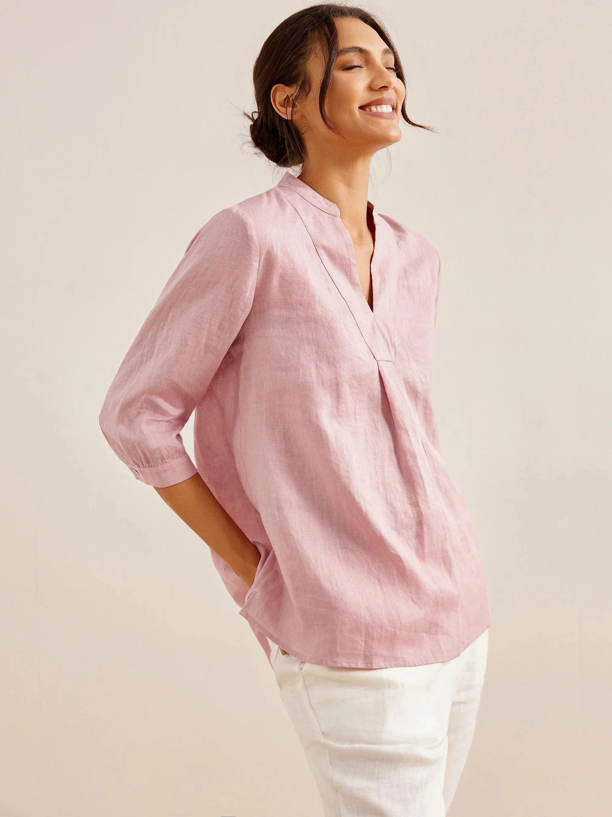 Túnica de lino con cuello en V para mujer-Shirts for women-Casaluzia