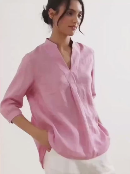 Túnica de lino con cuello en V para mujer-Shirts for women-Casaluzia