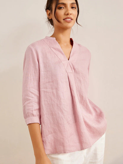 Túnica de lino con cuello en V para mujer-Shirts for women-Casaluzia