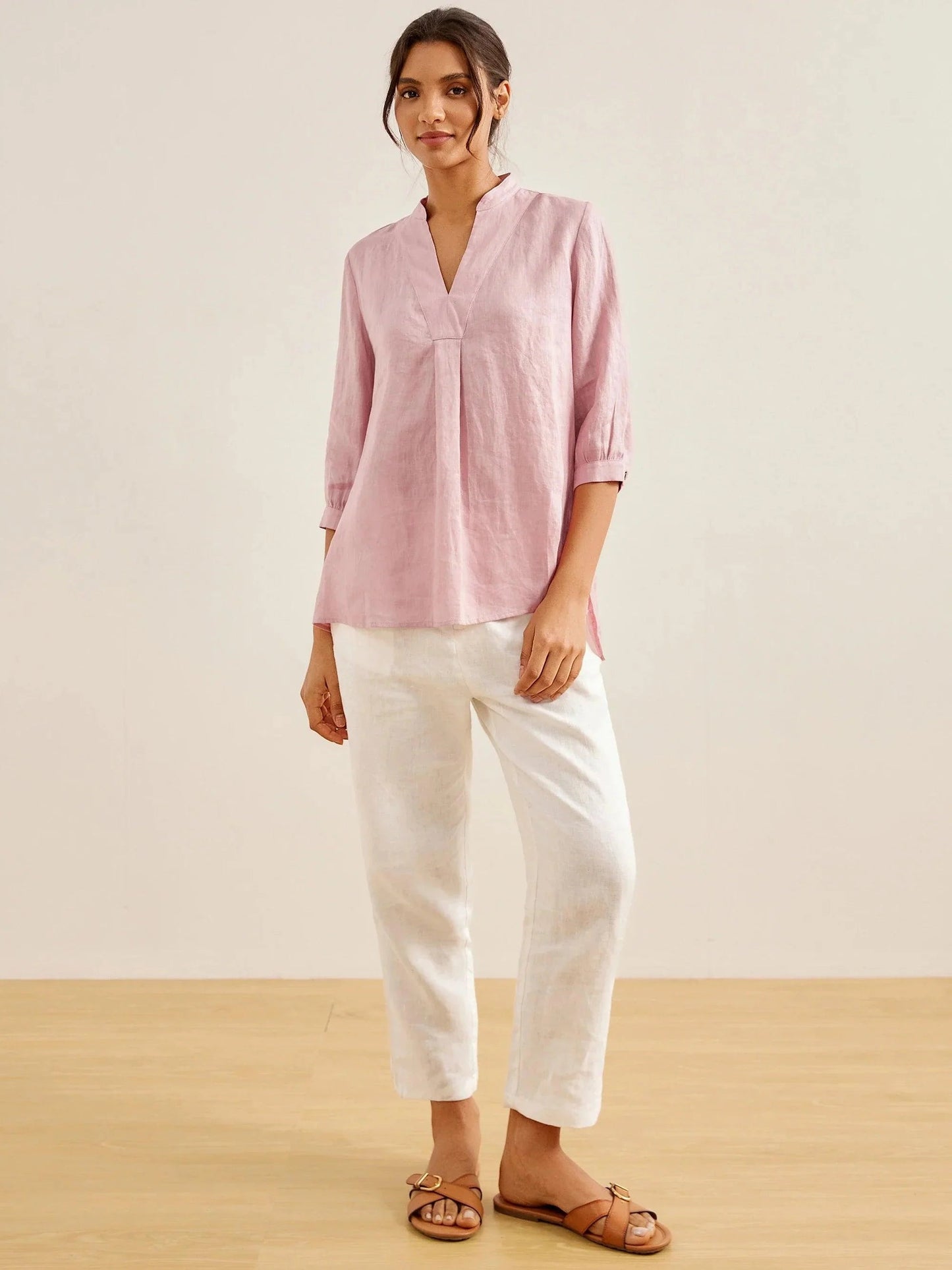 Túnica de lino con cuello en V para mujer-Shirts for women-Casaluzia