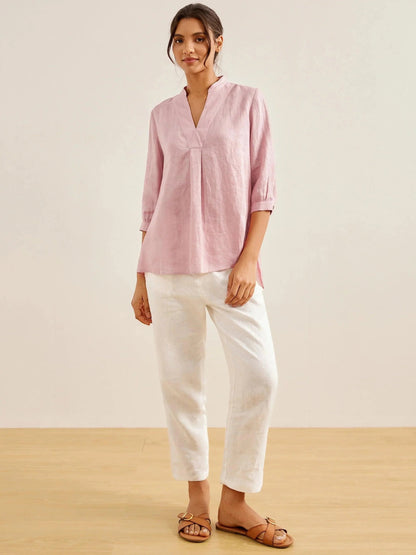 Túnica de lino con cuello en V para mujer-Shirts for women-Casaluzia