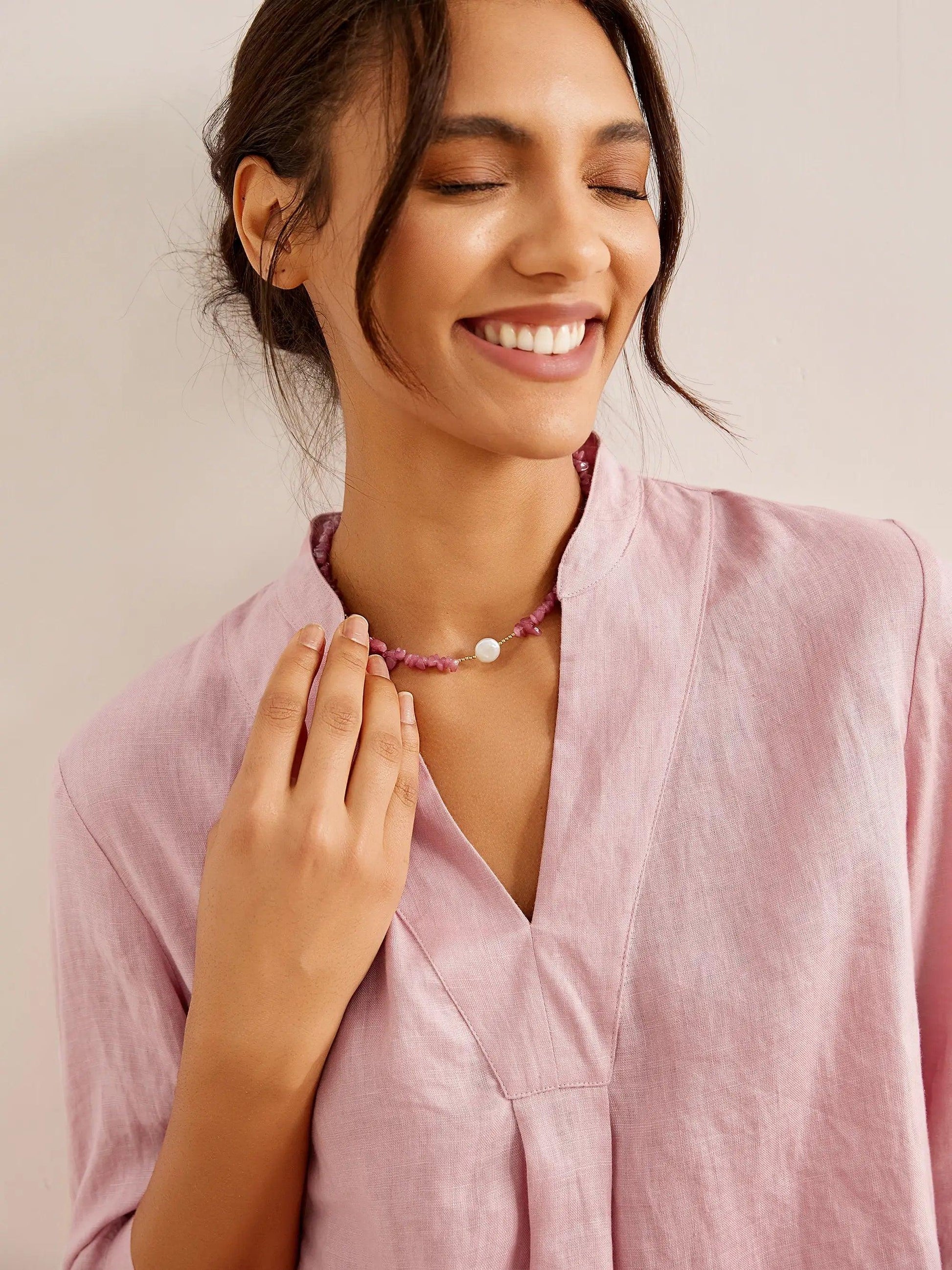 Túnica de lino con cuello en V para mujer-Shirts for women-Casaluzia