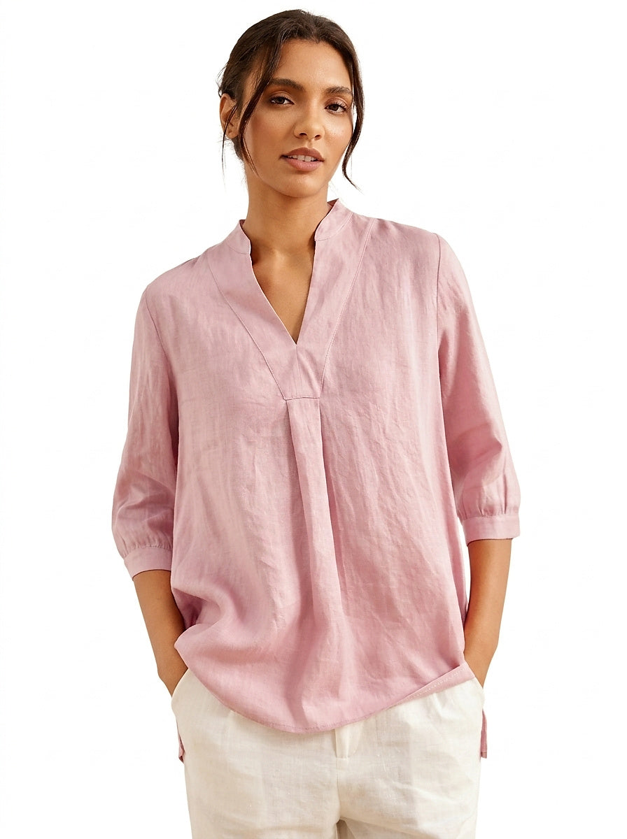 Túnica de lino con cuello en V para mujer-Shirts for women-Casaluzia