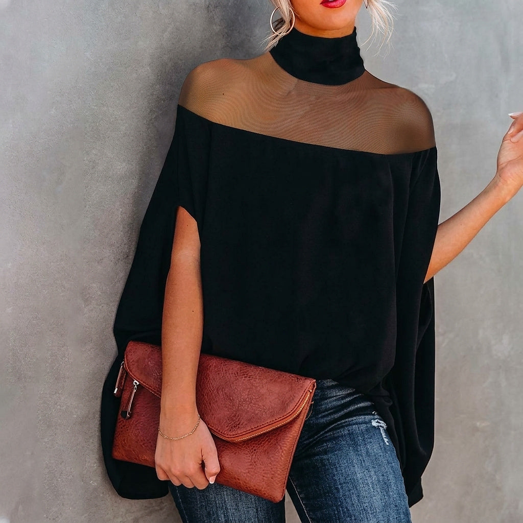 Túnica de mujer con cuello alto y panel de malla-Tops for women-Casaluzia