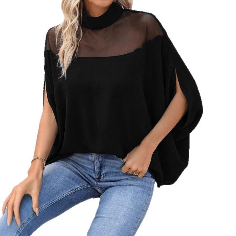 Túnica de mujer con cuello alto y panel de malla-Tops for women-Casaluzia