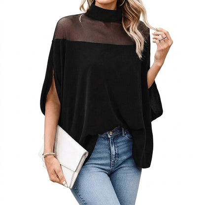 Túnica de mujer con cuello alto y panel de malla-Tops for women-Casaluzia
