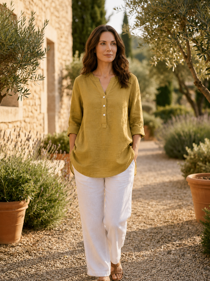 Túnica larga con botones para mujer-Women's Tops-Casaluzia
