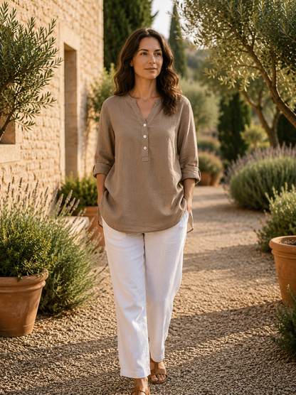 Túnica larga con botones para mujer-Women's Tops-Casaluzia