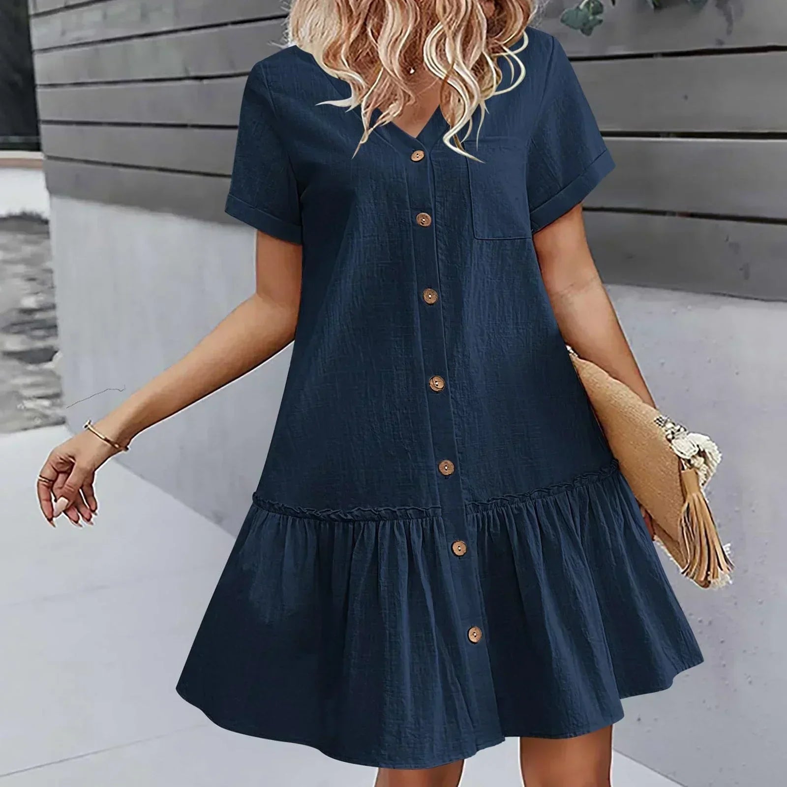 Vestido camisero corto con botones para mujer-Mini Dress-Casaluzia