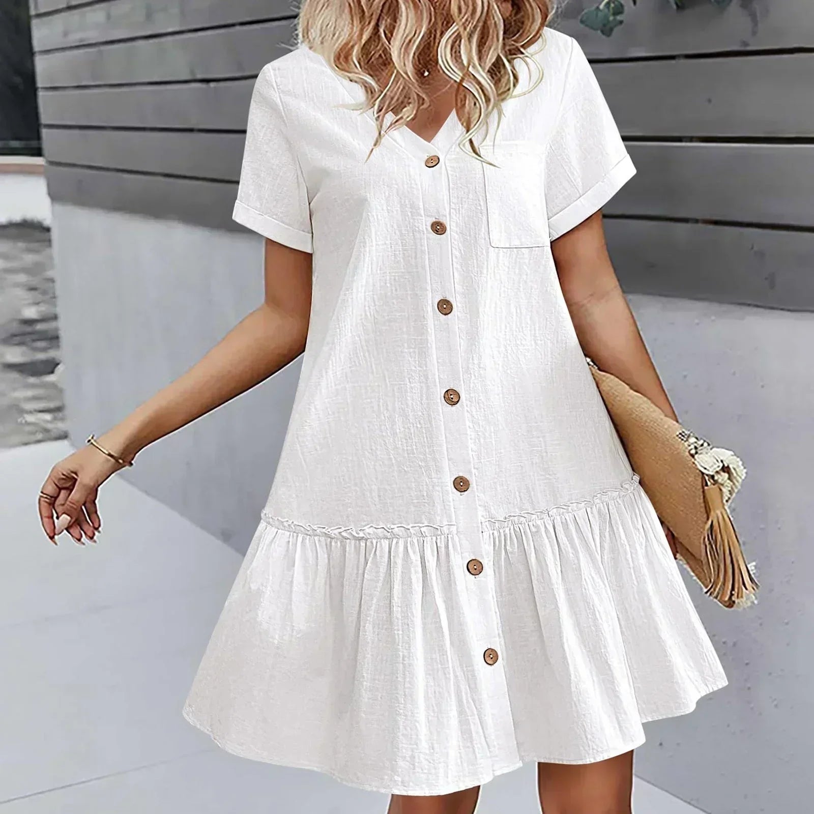 Vestido camisero corto con botones para mujer-Mini Dress-Casaluzia