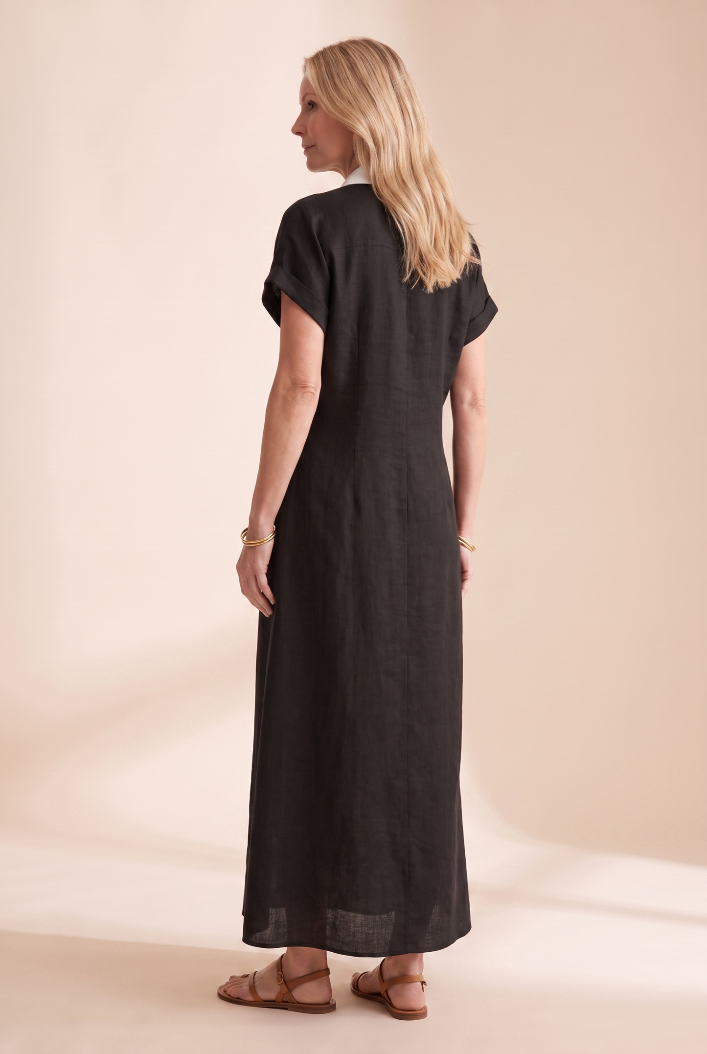 Vestido camisero largo de manga corta con botones para mujer-Maxi Dress-Casaluzia