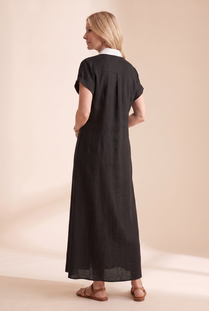 Vestido camisero largo de manga corta con botones para mujer-Maxi Dress-Casaluzia