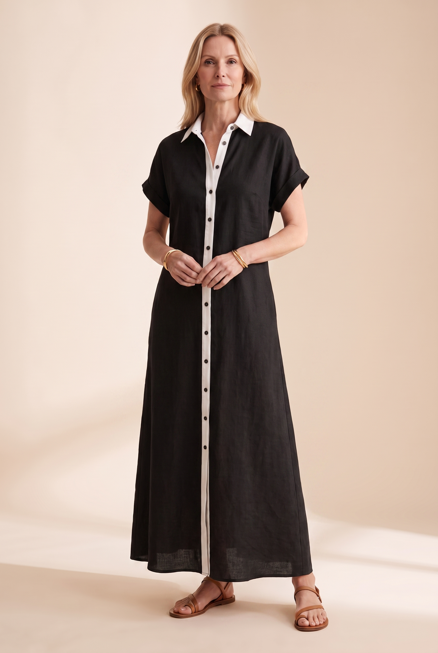 Vestido camisero largo de manga corta con botones para mujer-Maxi Dress-Casaluzia