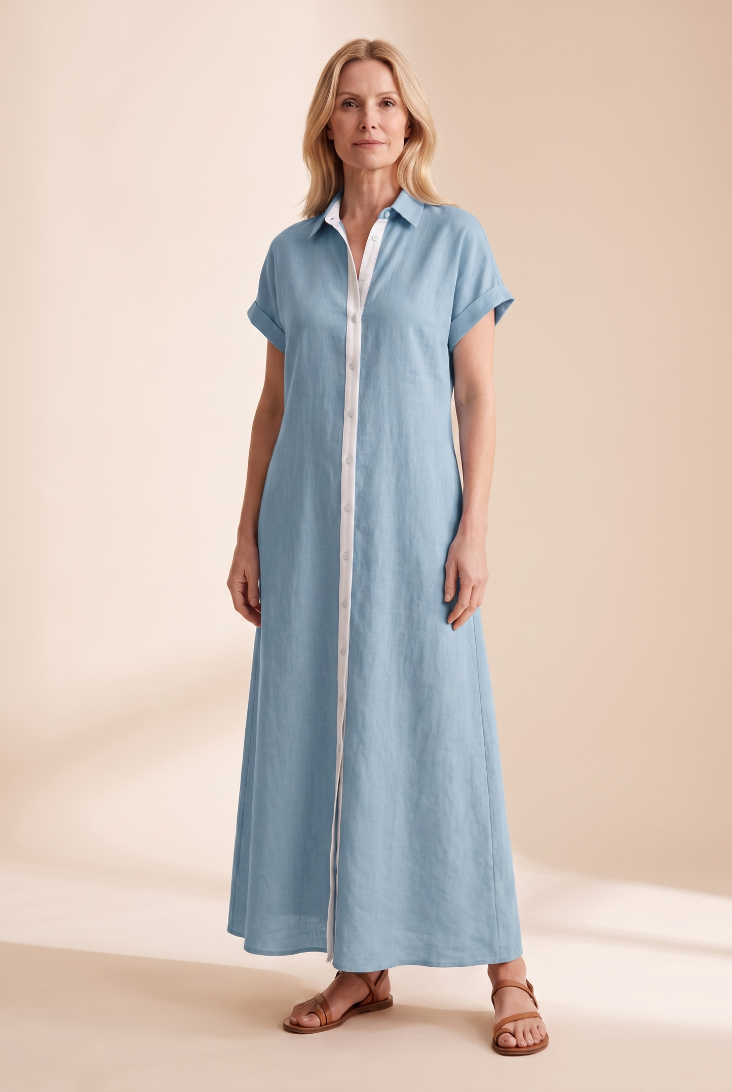 Vestido camisero largo de manga corta con botones para mujer-Maxi Dress-Casaluzia