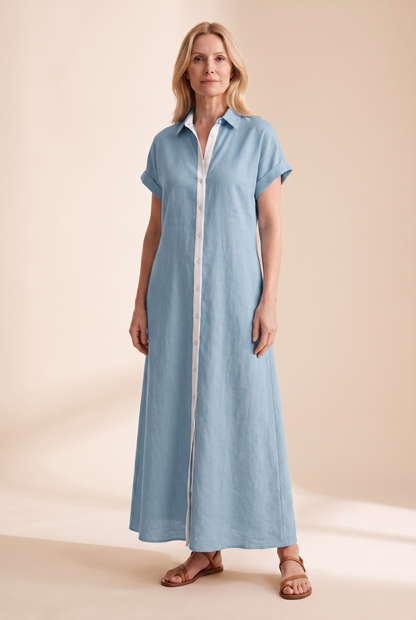 Vestido camisero largo de manga corta con botones para mujer-Maxi Dress-Casaluzia