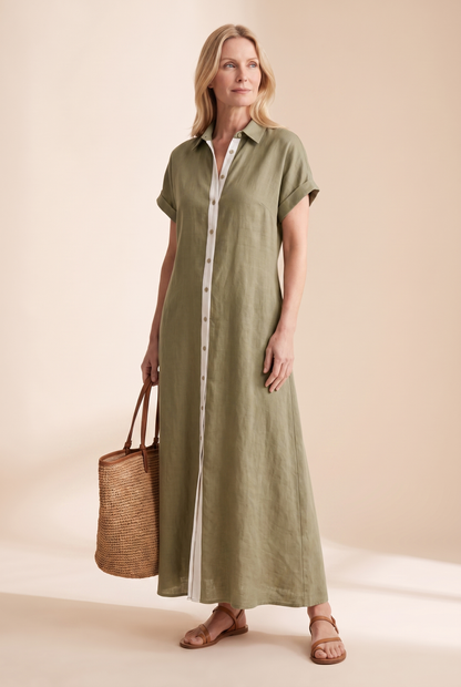 Vestido camisero largo de manga corta con botones para mujer-Maxi Dress-Casaluzia